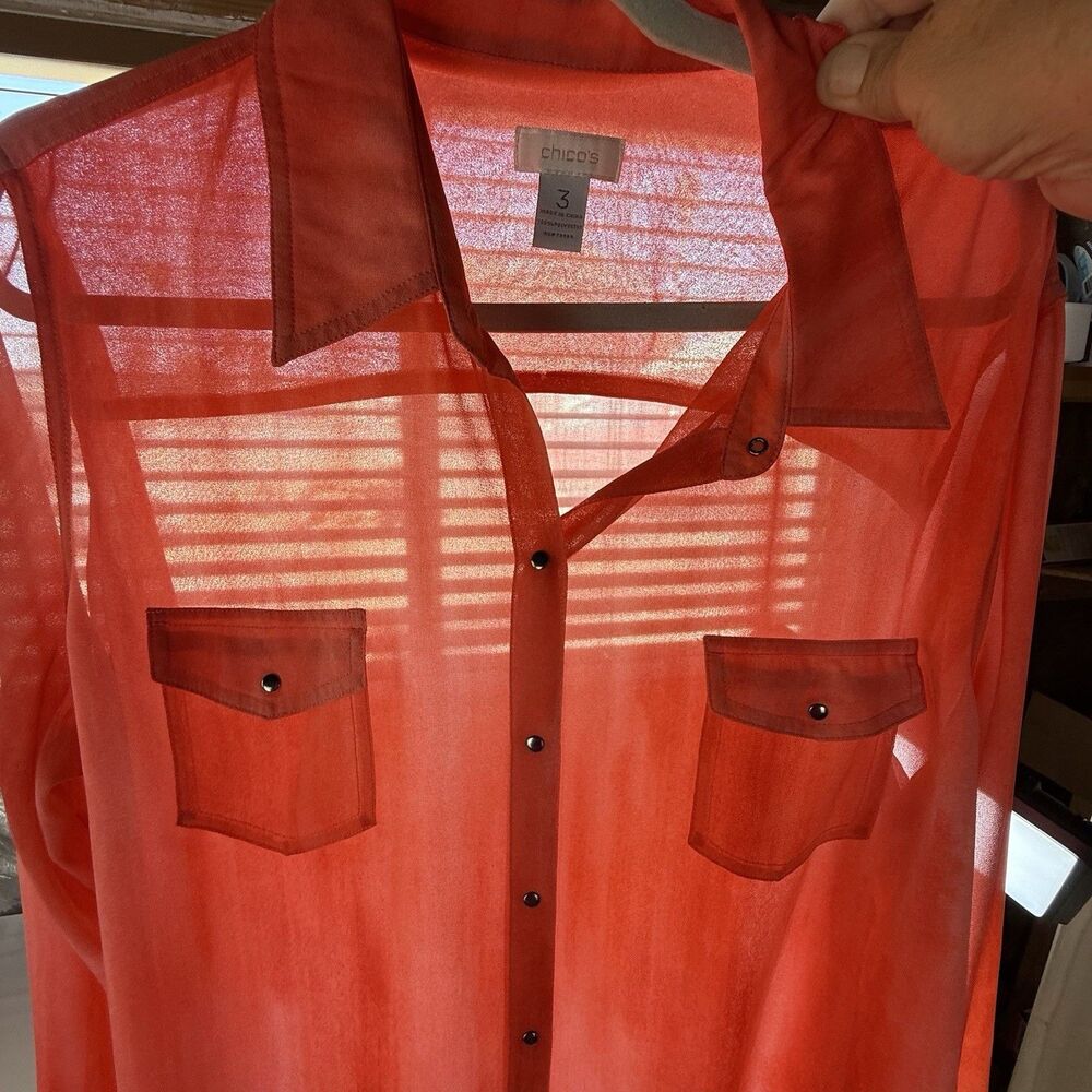 Chicos Size 3 Womens Coral Button Front Blouse Snap Pockets Sheer Long Sleeve XL